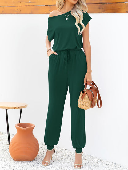 Boat Neck Short Sleeve Jumpsuit With Pockets