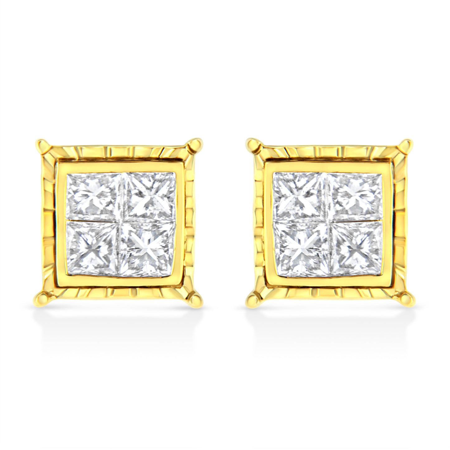 14K Yellow Gold 1.0 Cttw Invisible Set Princess-Cut Diamond Composite 8 Stone Stud Earrings (I-J Color, Si1-Si2 Clarity)