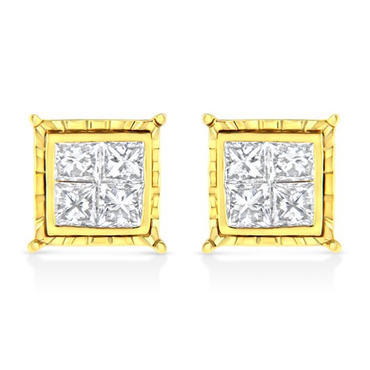 14K Yellow Gold 1.0 Cttw Invisible Set Princess-Cut Diamond Composite 8 Stone Stud Earrings (I-J Color, Si1-Si2 Clarity)