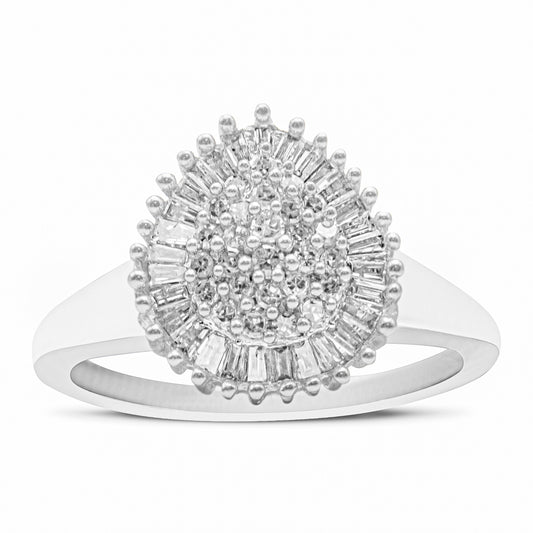 10K White Gold 1/2 Cttw Round & Baguette Cut Diamond Pear Shaped Domed Pavé Cluster With Halo Cocktail Ring (H-I Color, Si1-Si2 Clarity) - Size 9