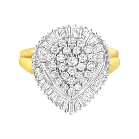 10K Yellow Gold 1.0 Cttw Round And Baguette Cut Diamond Oval Shaped Cluster Ring (I-J Color, I1-I2 Clarity) - Size 6