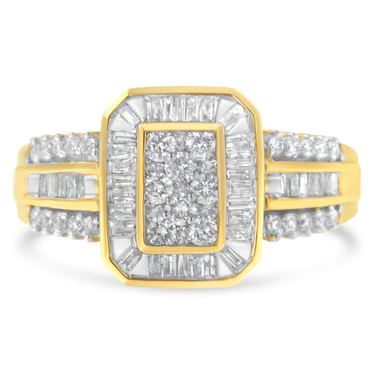10K Yellow Gold Round And Baguette-Cut Diamond Cocktail Ring (1.0 Cttw, H-I Color, Si2-I1 Clarity) - Size 7