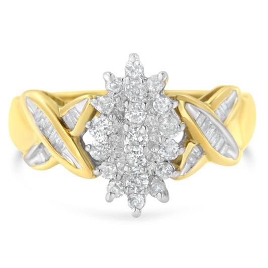10K Two-Toned Round Baguette Diamond Cluster Ring (1/2 Cttw, I-J Color, I2-I3 Clarity) - Size 7