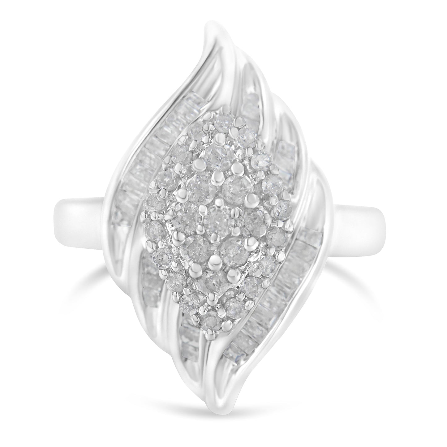 .925 Sterling Silver ¾ Cttw Round And Baguette Cut Diamond Stair-Stepped Cluster Waterfall Cocktail Ring (I-J Color, I2-I3 Clarity) - Size 6-1/2