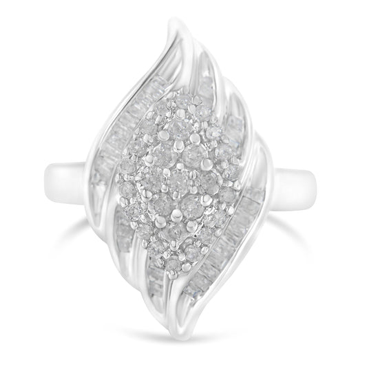 .925 Sterling Silver ¾ Cttw Round And Baguette Cut Diamond Stair-Stepped Cluster Waterfall Cocktail Ring (I-J Color, I2-I3 Clarity) - Size 6-1/2