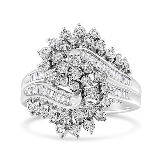 10K White Gold 1/2 Cttw Round And Baguette-Cut "S" Shaped Bypass Cocktail Ring (I-J Color, I1-I2 Clarity) - Size 7