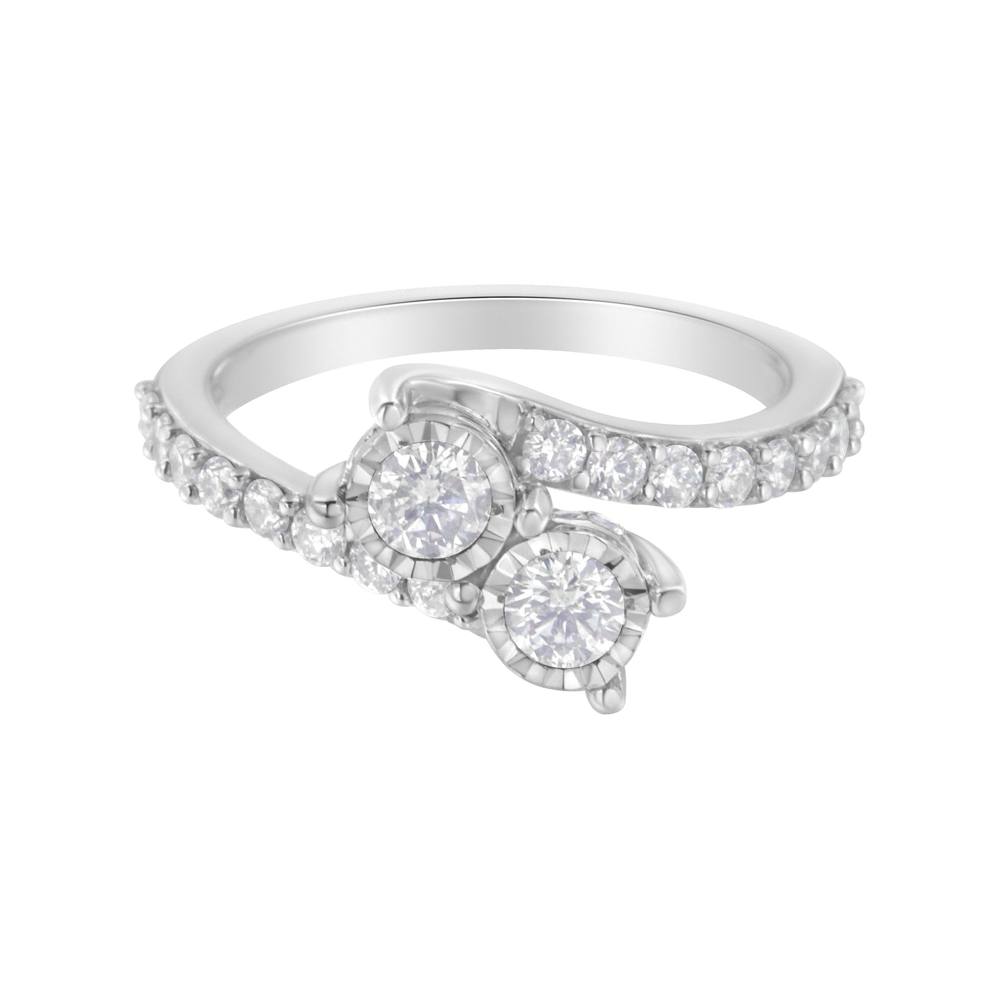 10K White Gold Two-Stone Miracle-Set Diamond Bypass Ring (1 Cttw, H-I Color, I1-I2 Clarity) - Size 7