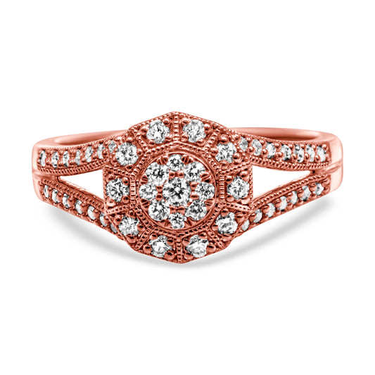 14K Rose Gold Plated .925 Sterling Silver 1/2 Cttw Pave Diamond Halo Cluster Split Shank Cocktail Ring (I-J Color, I1-I2 Clarity) - Size 6