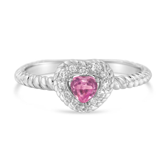 .925 Sterling Silver 4Mm Pink Sapphire Heart And Diamond Accent Heart Ring (I-J Color, I2-I3 Clarity) - Size 7-1/2