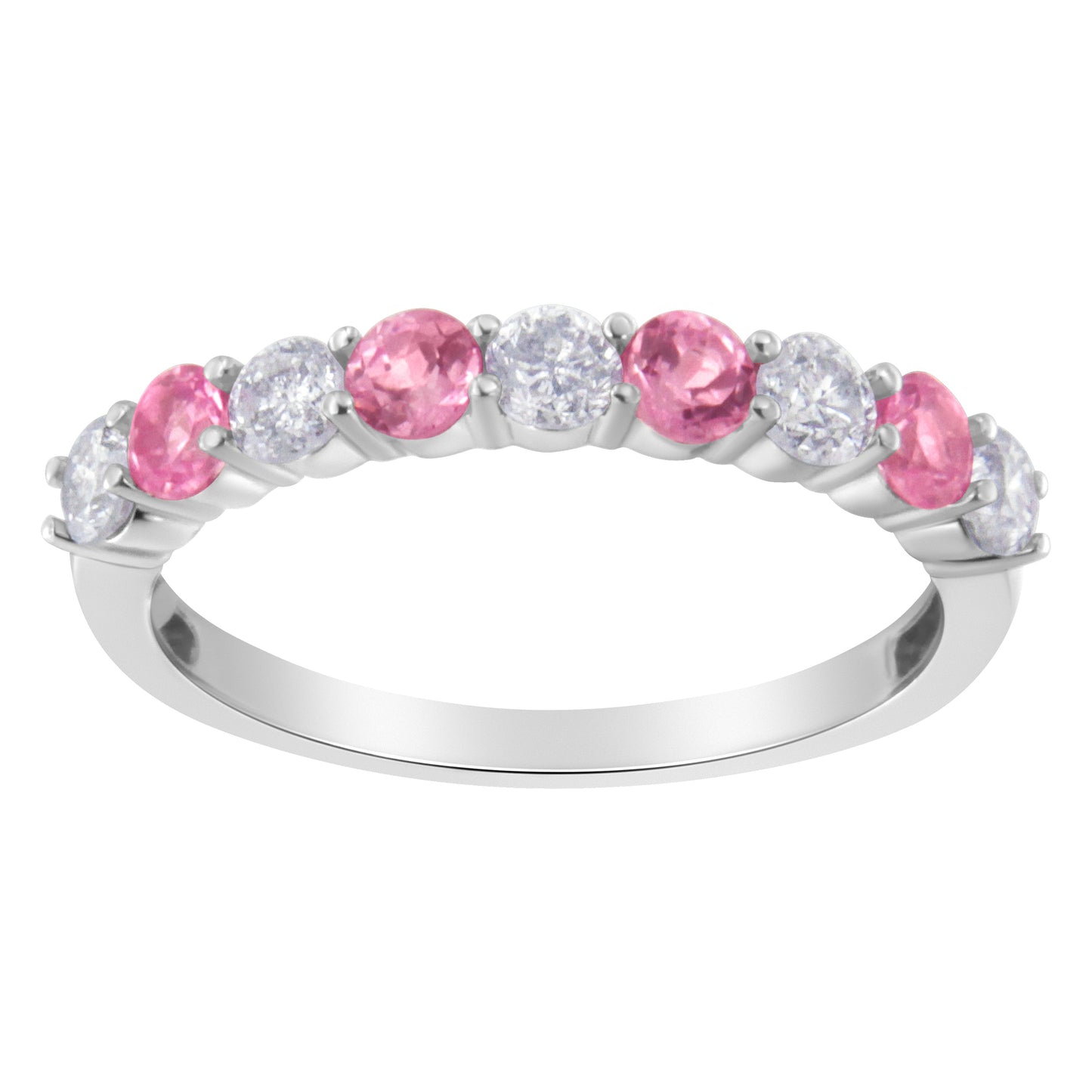 10Kt White Gold Diamond And 3Mm Created Pink Sapphire Gemstone Band Ring (1/2 Cttw, H-I Color, I1-I2 Clarity) - Size 7
