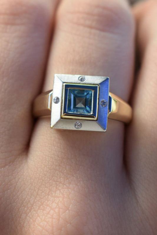 14kt 2-tone Blue Topaz & Diamond Ring
