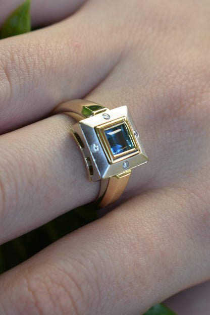 14kt 2-tone Blue Topaz & Diamond Ring