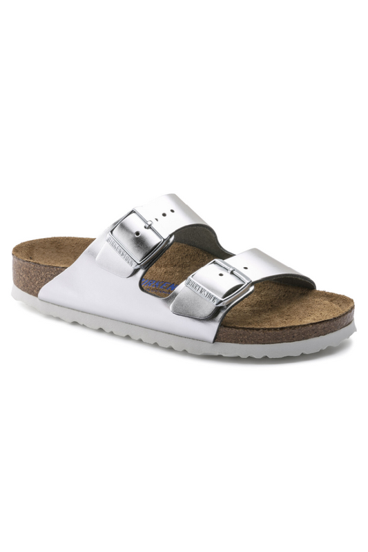 Birkenstock Arizona Soft Footbed Leather Narrow Width in Metallic Silver