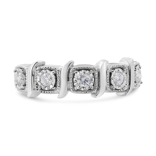.925 Sterling Silver 1/4 Cttw Miracle Set Diamond 5-Stone Swirl Band Ring (I-J Color, I1-I2 Clarity) - Size 7