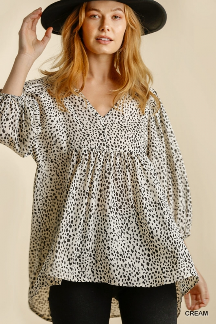 V Neck Animal Print Babydoll Top