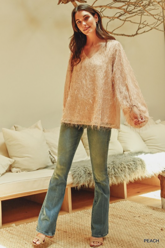 All Over Tinsel Fringe Bubble Sleeve Top