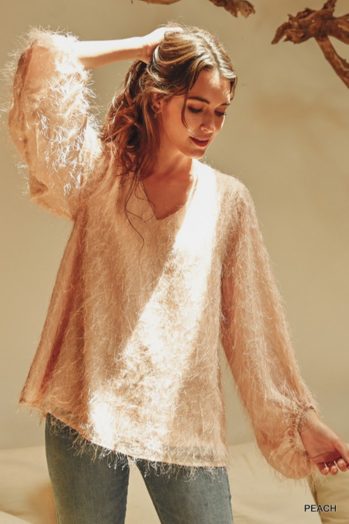 All Over Tinsel Fringe Bubble Sleeve Top