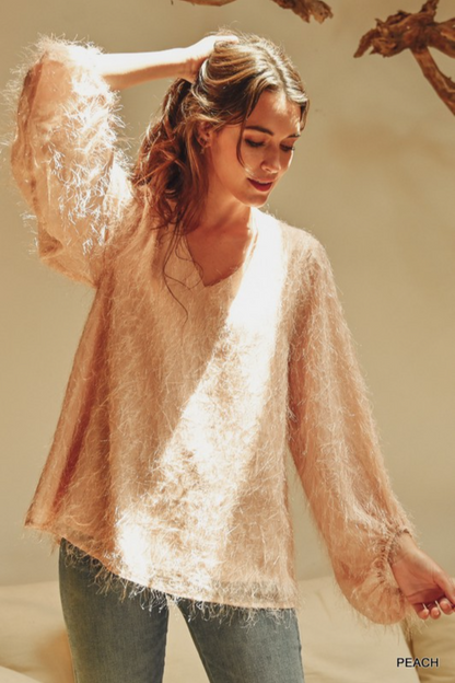 All Over Tinsel Fringe Bubble Sleeve Top
