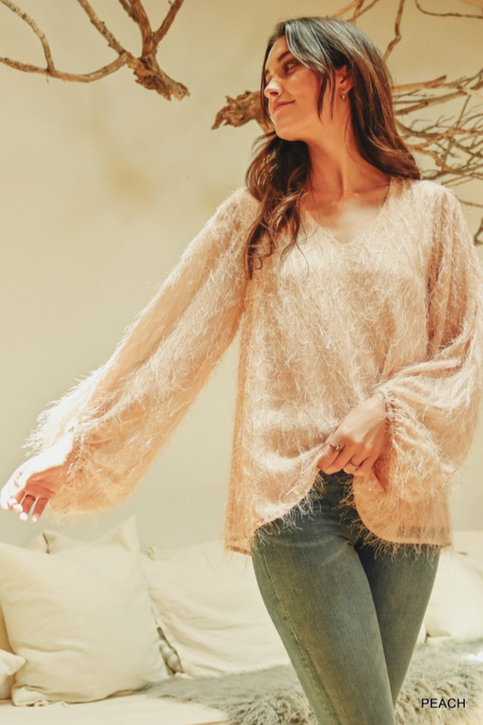 All Over Tinsel Fringe Bubble Sleeve Top