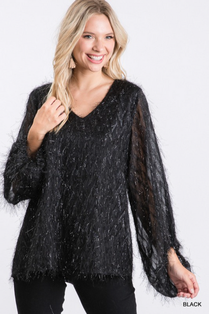 All Over Tinsel Fringe Bubble Sleeve Top
