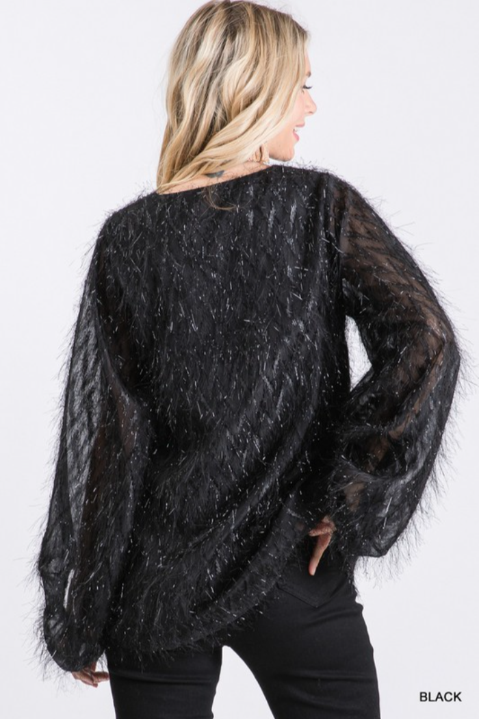 All Over Tinsel Fringe Bubble Sleeve Top