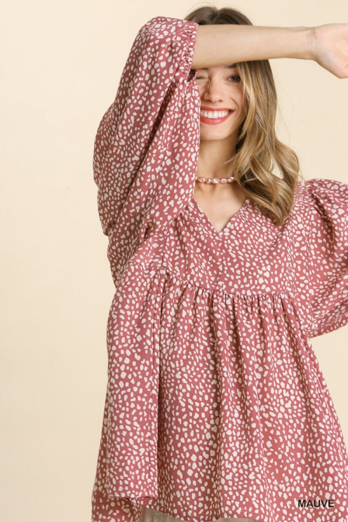 V Neck Animal Print Babydoll Top