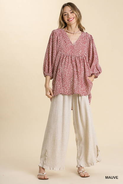 V Neck Animal Print Babydoll Top