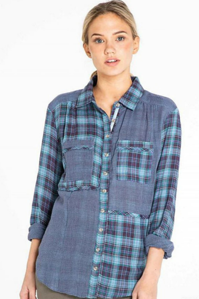 Blue Mixed Plaid Shirt w/ Raw Edge Trim