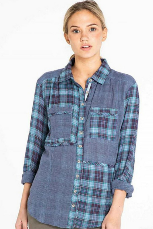 Blue Mixed Plaid Shirt w/ Raw Edge Trim