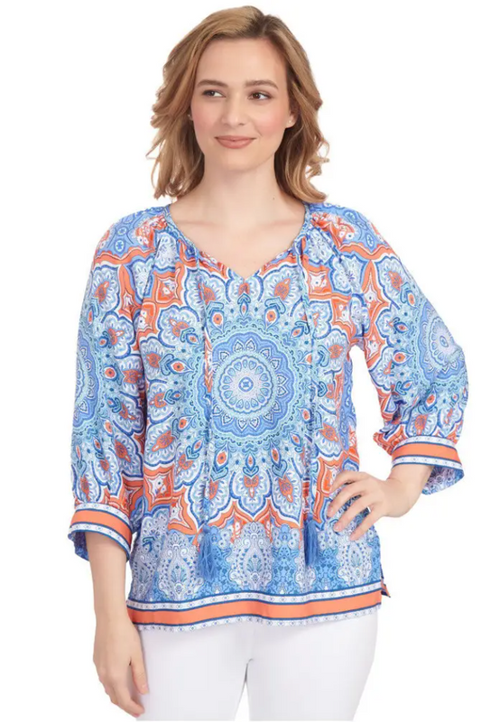Split Neck Island Print Silk Top