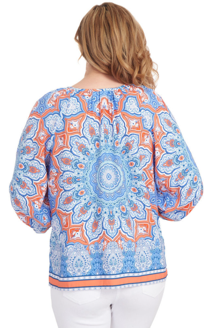 Split Neck Island Print Silk Top