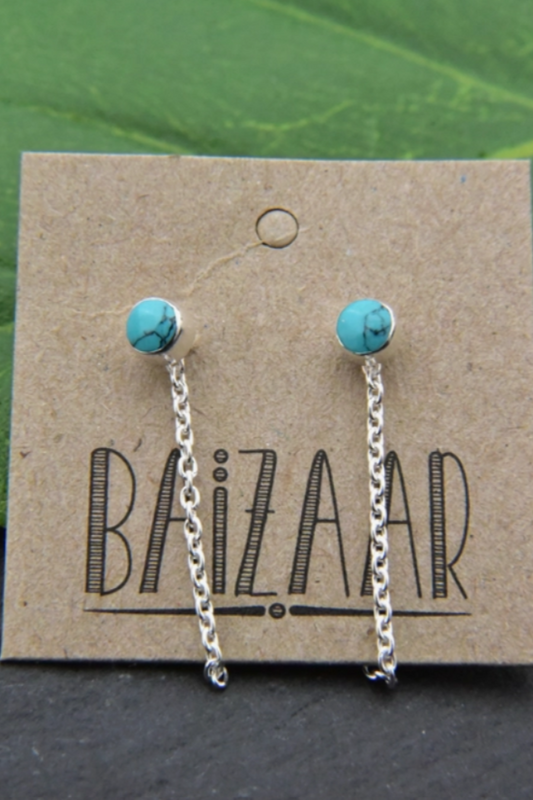 Sterling Silver Stone Stud Earrings with Drop Chain