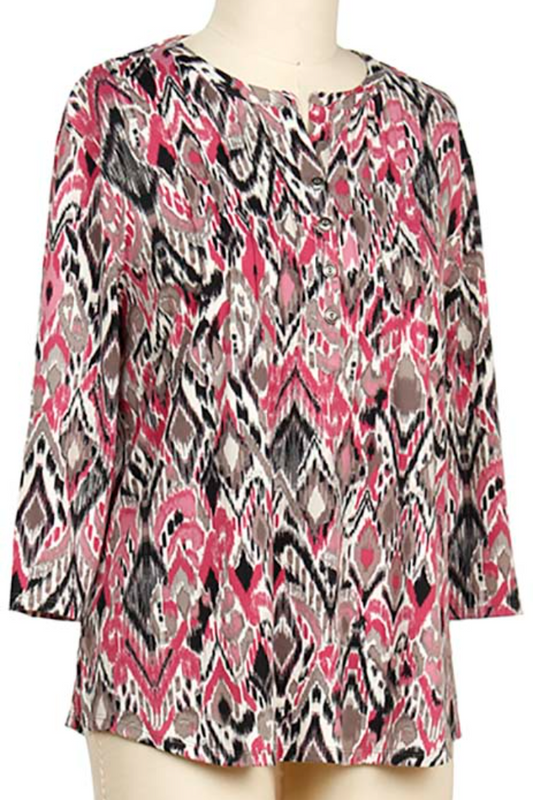 3/4 Slv Print Placket Top