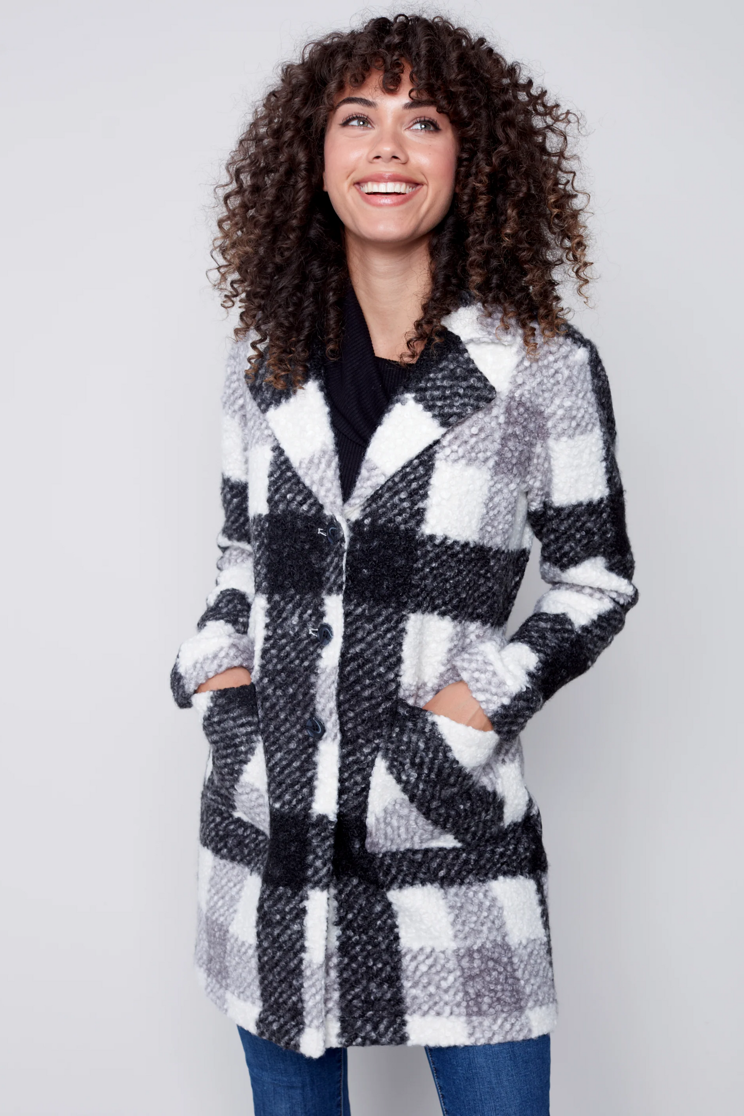 Black & Cream Plaid Boucle Coat