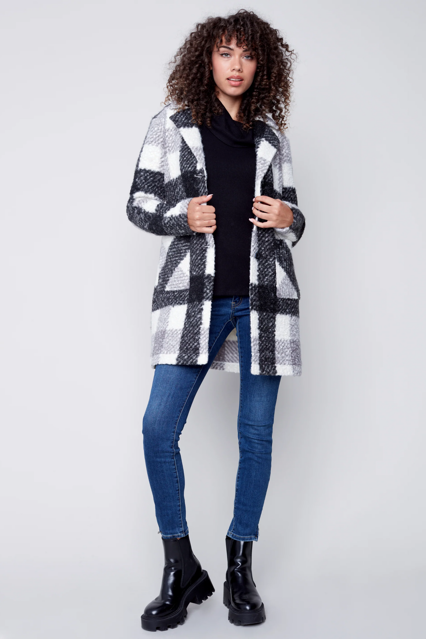 Black & Cream Plaid Boucle Coat