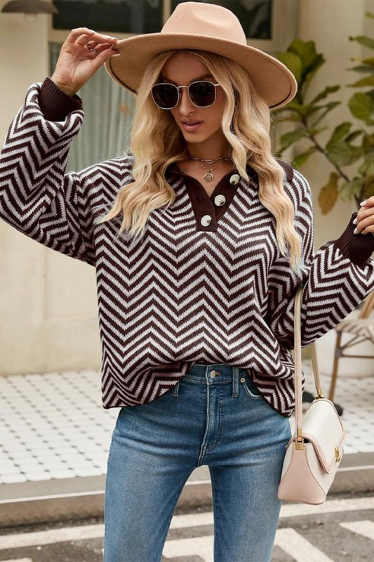 Women V Patterned Button V Neck Jumper