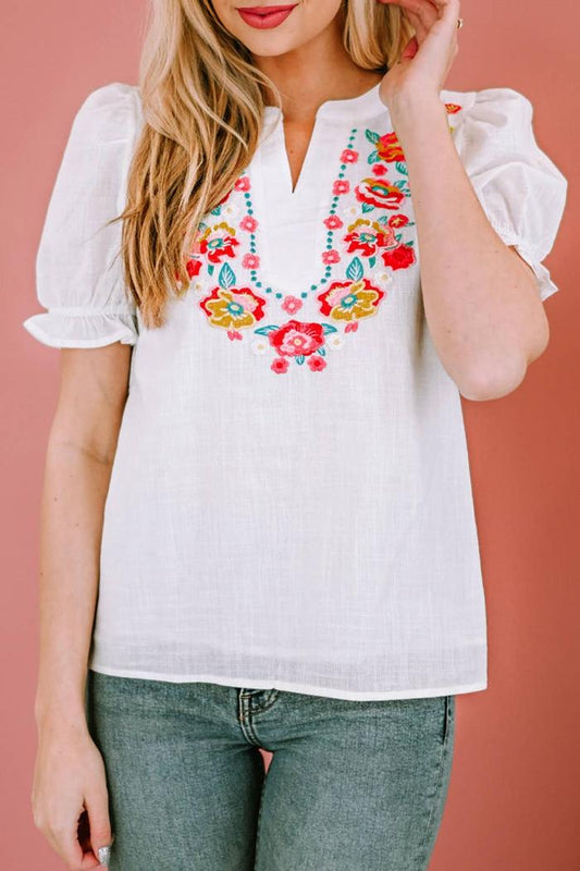 White Floral EmbroideRed Ruffled Puff Sleeve