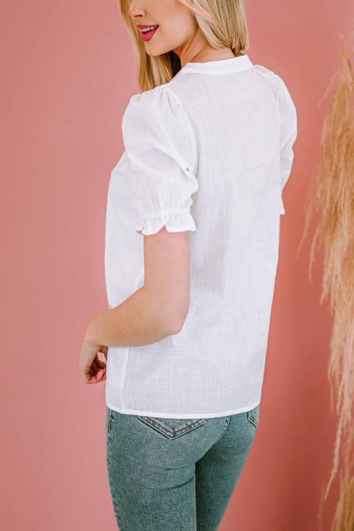 White Floral EmbroideRed Ruffled Puff Sleeve