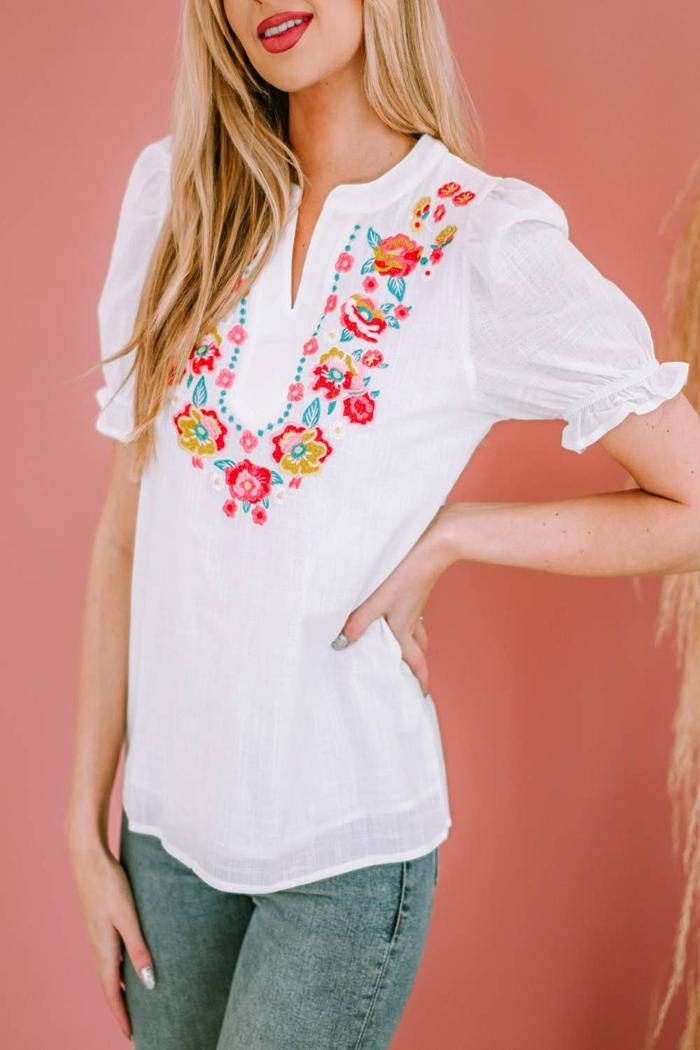 White Floral EmbroideRed Ruffled Puff Sleeve
