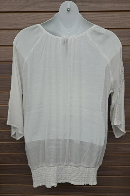 White Blouse W/Lace On Arms Elastic Bottom