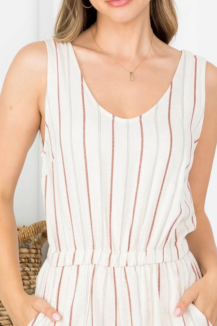 Vertical Stripe Print Scooped Neckline With Side Pocket Jumpsuit