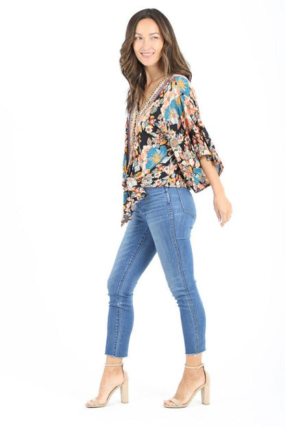 V Neck Tie Waist Kimono Sleeve Blouse
