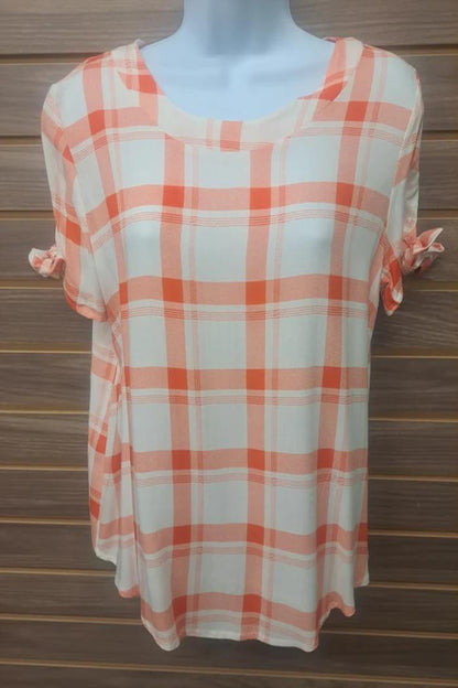 Tied short sleeve orange plaid linen