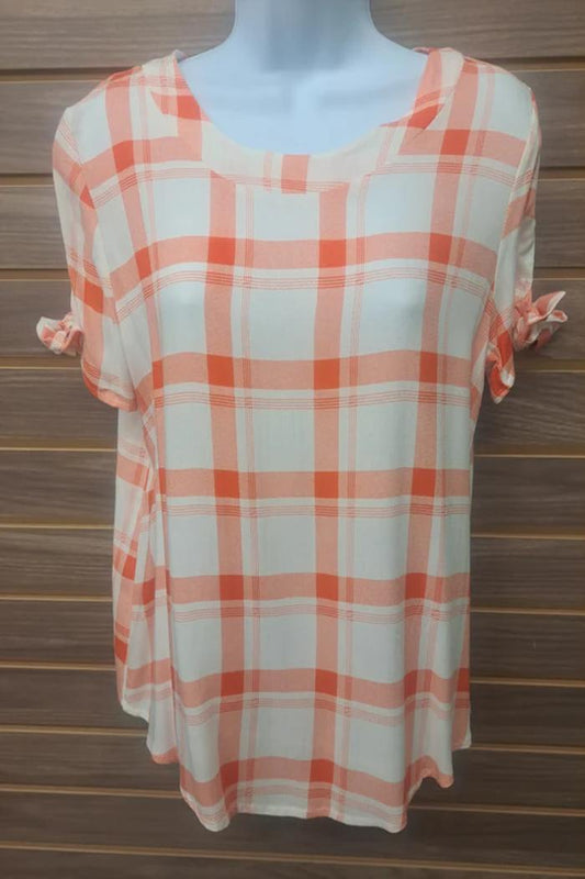 Tied short sleeve orange plaid linen