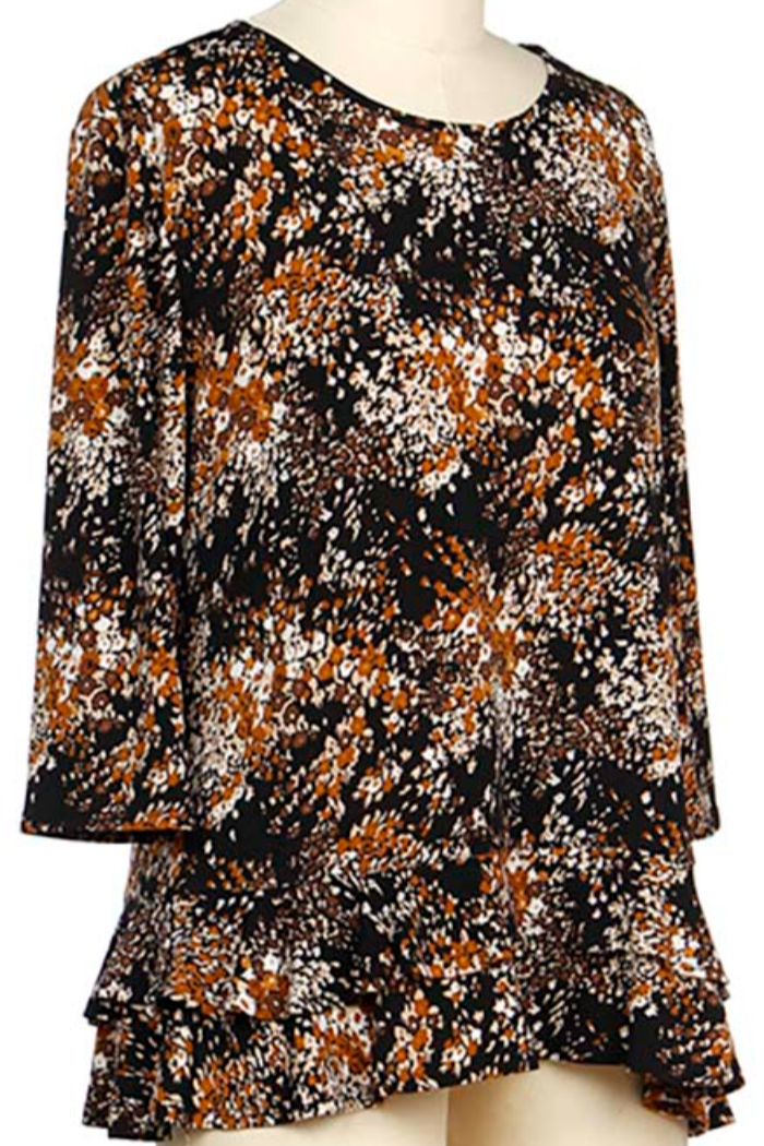 3/4 Slv Print Ruffle Top