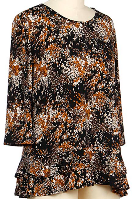 3/4 Slv Print Ruffle Top