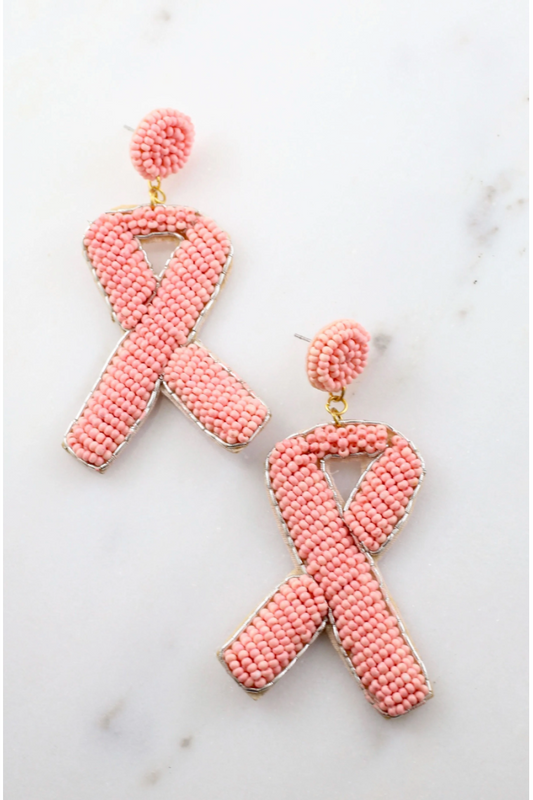 Breast Cancer Ribbon Earring ROUND PINK BEAD