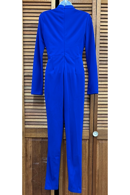 Blue pocket jumpsuit brass jeweled front