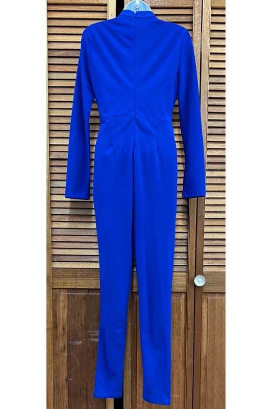 Blue pocket jumpsuit brass jeweled front