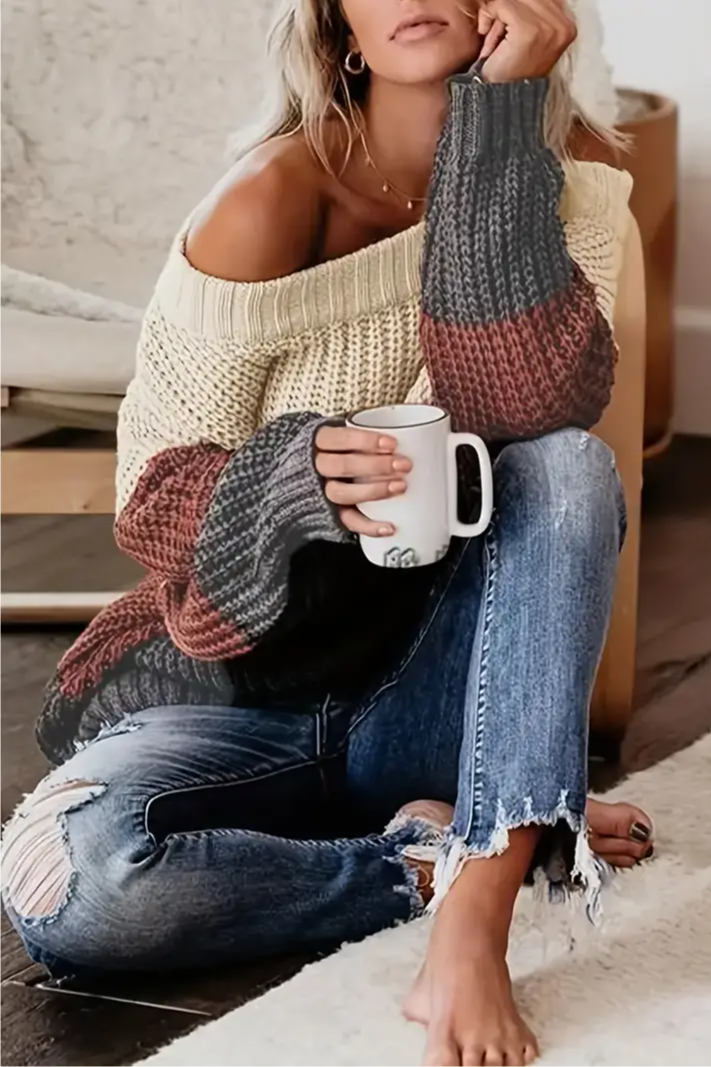 OFF THE SHOULDER COLOR BLOCK KNIT SWEATER